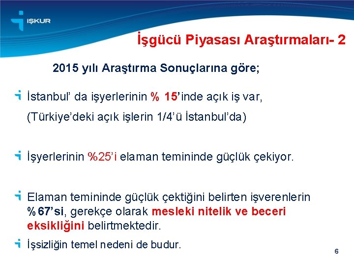 İşgücü Piyasası Araştırmaları- 2 2015 yılı Araştırma Sonuçlarına göre; İstanbul’ da işyerlerinin % 15’inde