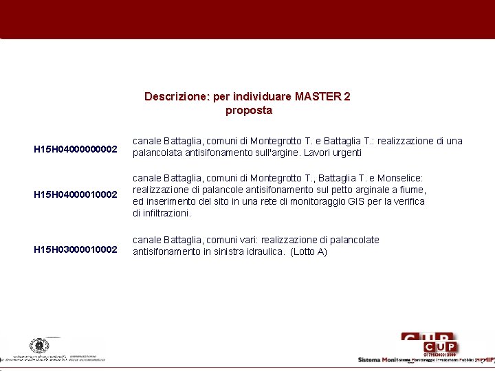 Descrizione: per individuare MASTER 2 proposta H 15 H 0400002 canale Battaglia, comuni di