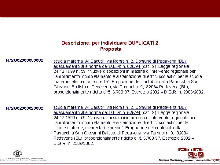 Descrizione: per individuare DUPLICATI 2 Proposta H 72 G 02000030002 scuola materna “Ai Caduti”,
