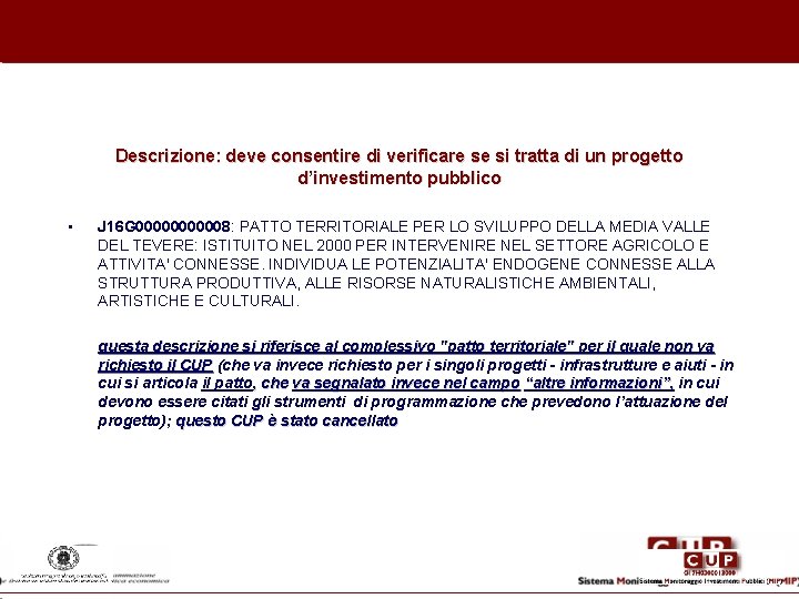 Descrizione: deve consentire di verificare se si tratta di un progetto d’investimento pubblico •