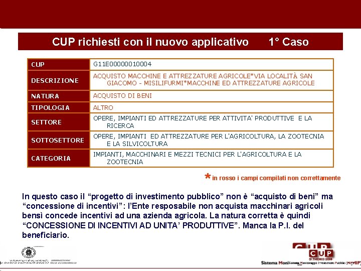 CUP richiesti con il nuovo applicativo 1° Caso CUP G 11 E 00000010004 DESCRIZIONE
