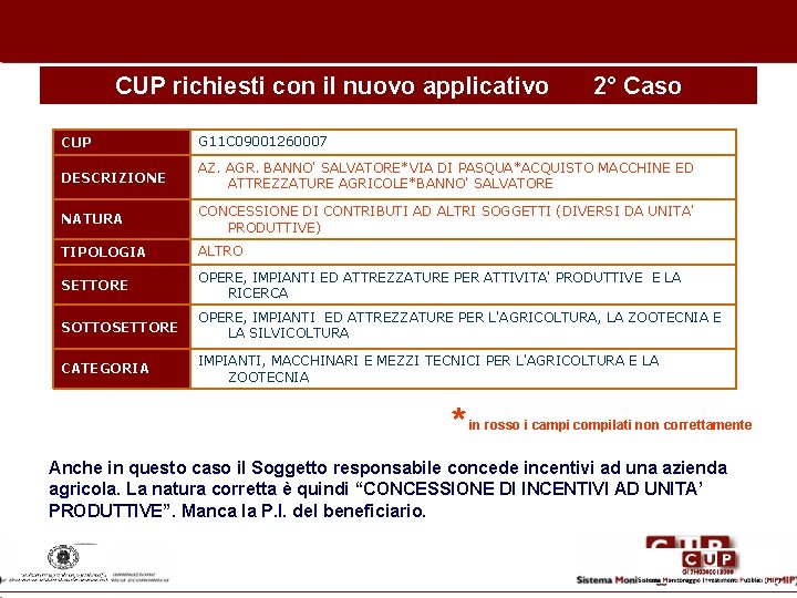 CUP richiesti con il nuovo applicativo 2° Caso CUP G 11 C 09001260007 DESCRIZIONE