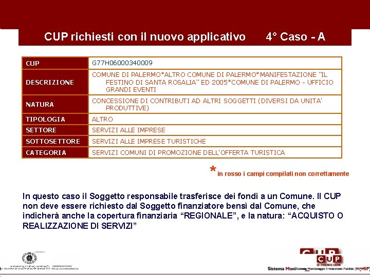 CUP richiesti con il nuovo applicativo 4° Caso - A CUP G 77 H