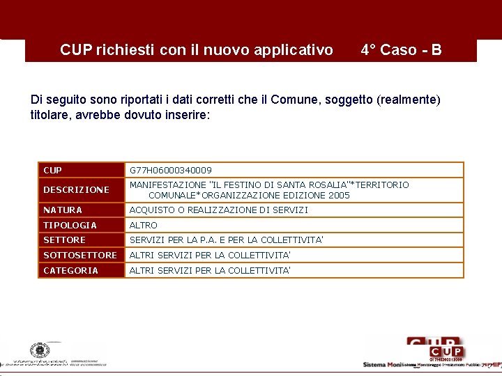 CUP richiesti con il nuovo applicativo 4° Caso - B Di seguito sono riportati