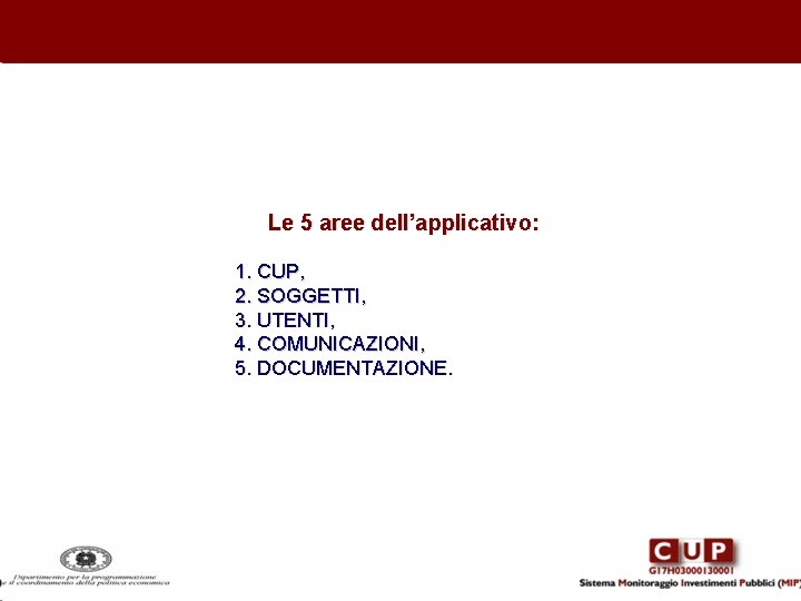 Le 5 aree dell’applicativo: 1. CUP, 2. SOGGETTI, 3. UTENTI, 4. COMUNICAZIONI, 5. DOCUMENTAZIONE.