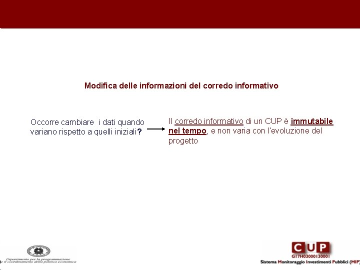 Modifica delle informazioni del corredo informativo Occorre cambiare i dati quando variano rispetto a