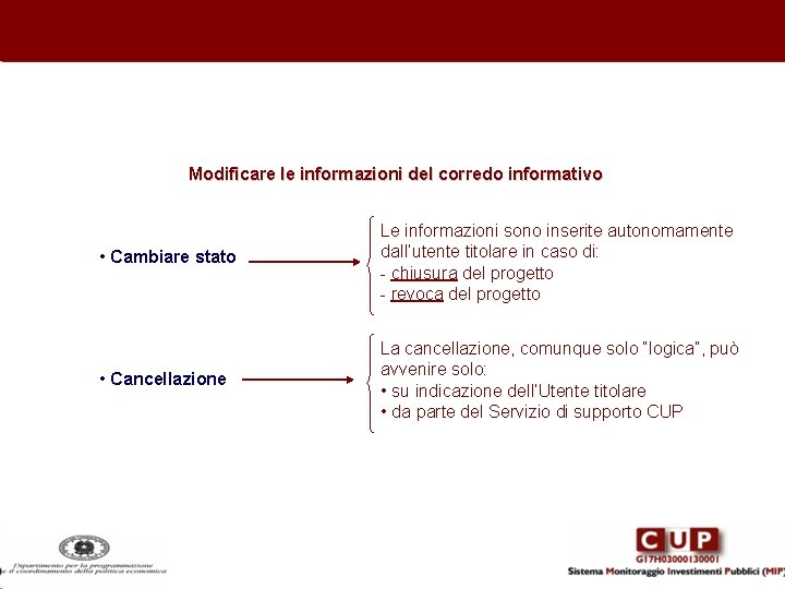 Modificare le informazioni del corredo informativo • Cambiare stato Le informazioni sono inserite autonomamente