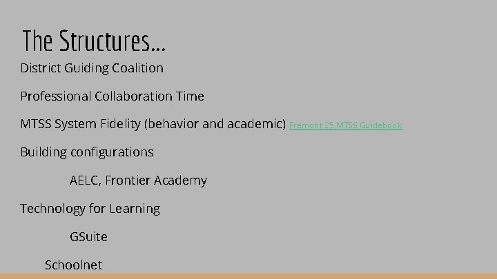 The Structures. . . District Guiding Coalition Professional Collaboration Time MTSS System Fidelity (behavior