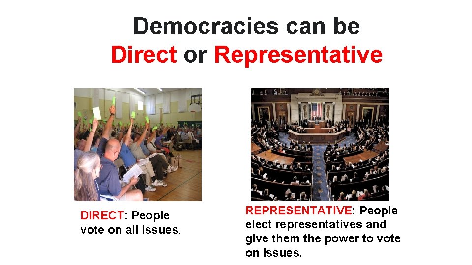 Democracies can be Direct or Representative DIRECT: People vote on all issues. REPRESENTATIVE: People