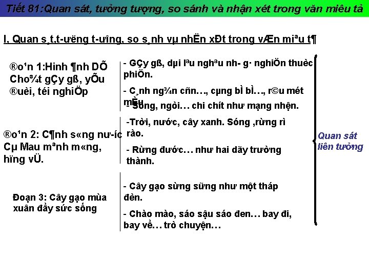Tiết 81: Quan sát, tưởng tượng, so sánh và nhận xét trong văn miêu Tiết 81: Quan sát, tưởng tượng, so sánh và nhận xét trong văn miêu