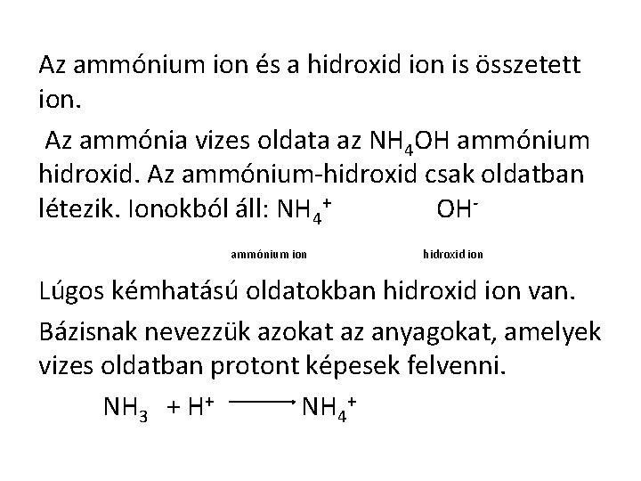 Az ammónium ion és a hidroxid ion is összetett ion. Az ammónia vizes oldata