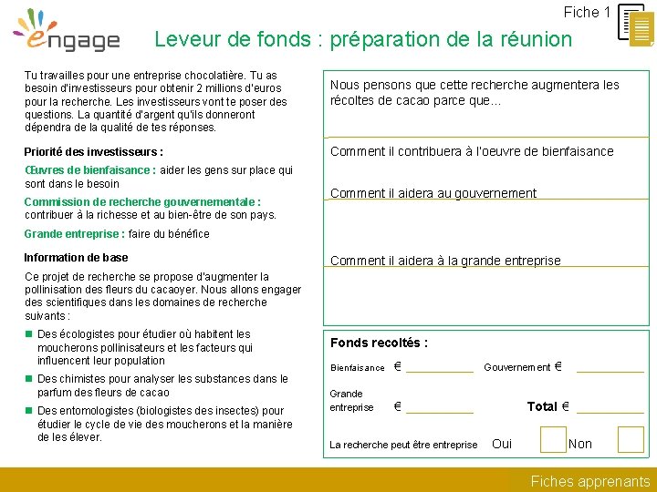 Fiche 1 Leveur de fonds : préparation de la réunion Tu travailles pour une