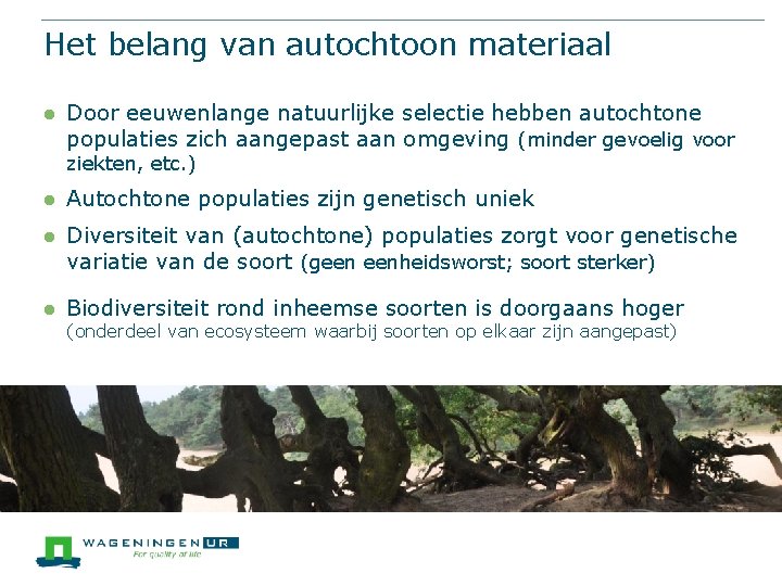 Het belang van autochtoon materiaal l Door eeuwenlange natuurlijke selectie hebben autochtone populaties zich