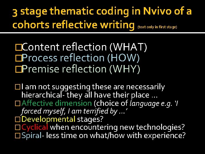 3 stage thematic coding in Nvivo of a cohorts reflective writing (text only in