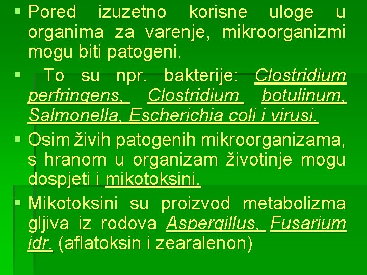 § Pored izuzetno korisne uloge u organima za varenje, mikroorganizmi mogu biti patogeni. §