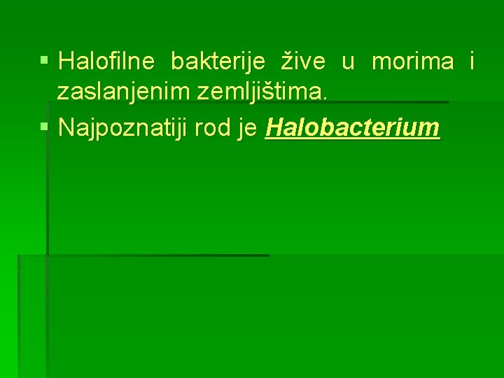 § Halofilne bakterije žive u morima i zaslanjenim zemljištima. § Najpoznatiji rod je Halobacterium