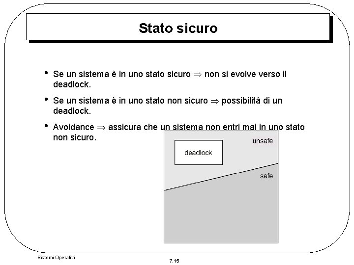 Stato sicuro • Se un sistema è in uno stato sicuro non si evolve Stato sicuro • Se un sistema è in uno stato sicuro non si evolve