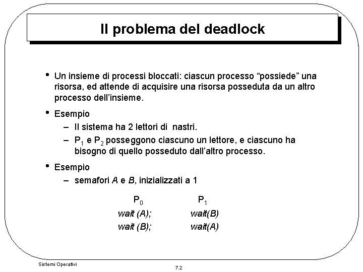 Il problema del deadlock • Un insieme di processi bloccati: ciascun processo “possiede” una Il problema del deadlock • Un insieme di processi bloccati: ciascun processo “possiede” una