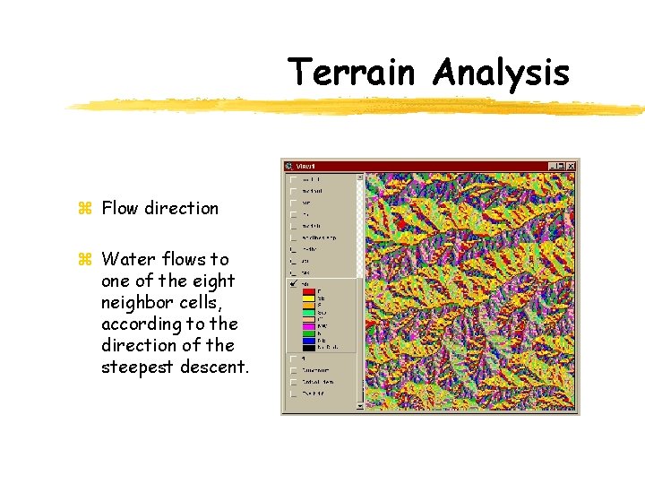 Terrain Analysis z Flow direction z Water flows to one of the eight neighbor