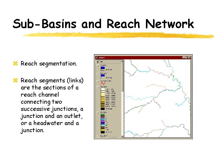 Sub-Basins and Reach Network z Reach segmentation. z Reach segments (links) are the sections