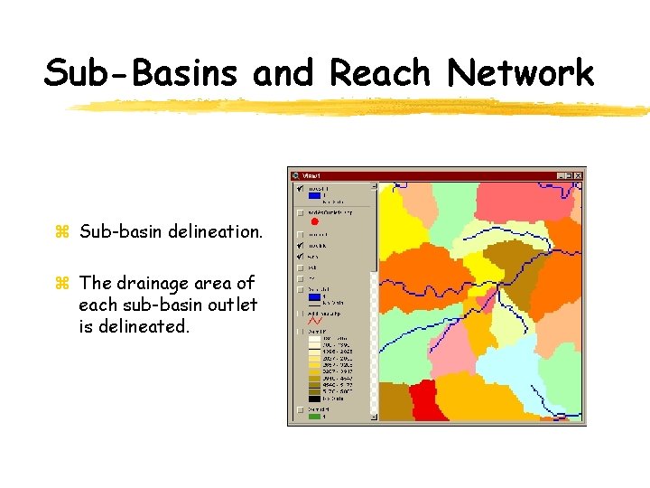 Sub-Basins and Reach Network z Sub-basin delineation. z The drainage area of each sub-basin