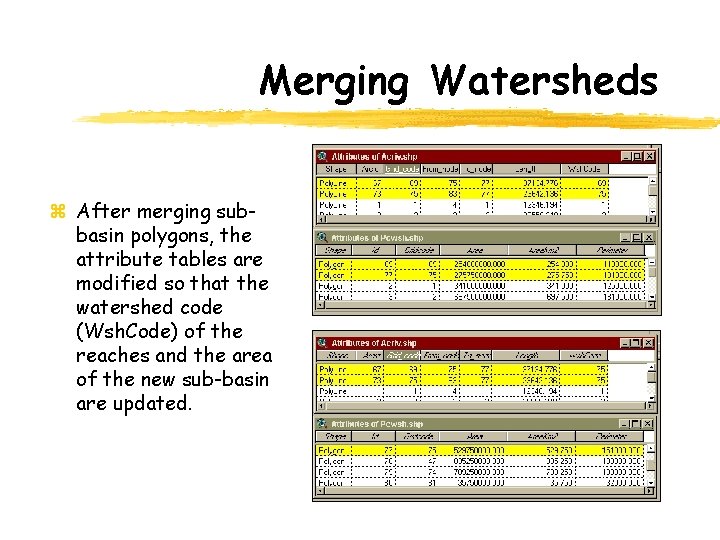 Merging Watersheds z After merging subbasin polygons, the attribute tables are modified so that