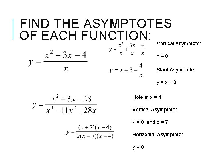 FIND THE ASYMPTOTES OF EACH FUNCTION: Vertical Asymptote: x=0 Slant Asymptote: y=x+3 Hole at