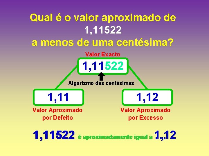 Qual é o valor aproximado de 1, 11522 a menos de uma centésima? Valor