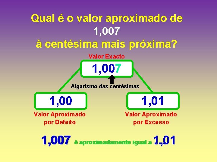 Qual é o valor aproximado de 1, 007 à centésima mais próxima? Valor Exacto