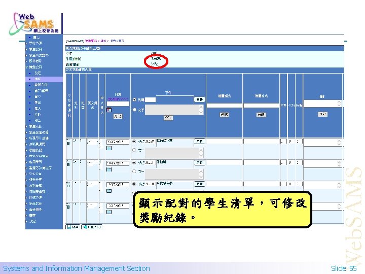 顯示配對的學生清單，可修改 獎勵紀錄。 Systems and Information Management Section Slide 55 