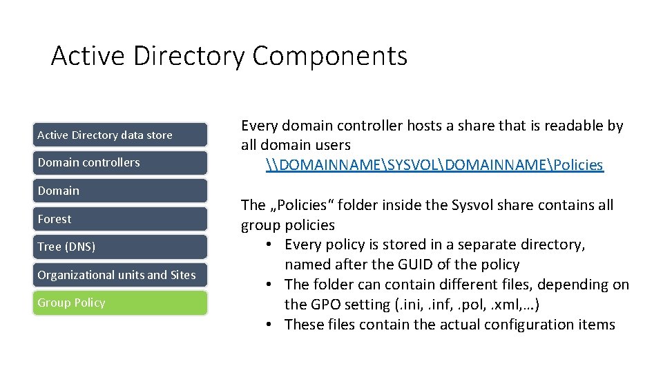 Active Directory Components Active Directory data store Domain controllers Domain Forest Tree (DNS) Organizational Active Directory Components Active Directory data store Domain controllers Domain Forest Tree (DNS) Organizational