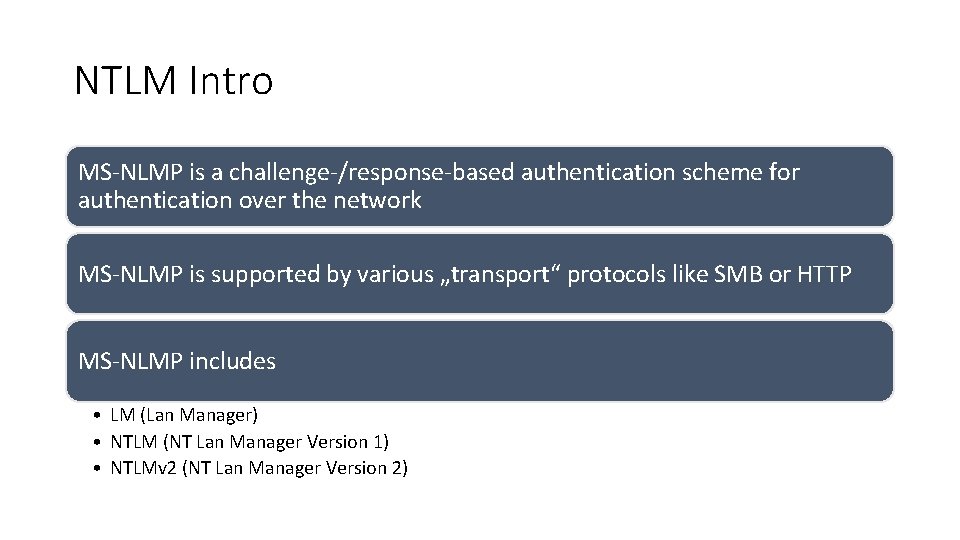 NTLM Intro MS-NLMP is a challenge-/response-based authentication scheme for authentication over the network MS-NLMP NTLM Intro MS-NLMP is a challenge-/response-based authentication scheme for authentication over the network MS-NLMP