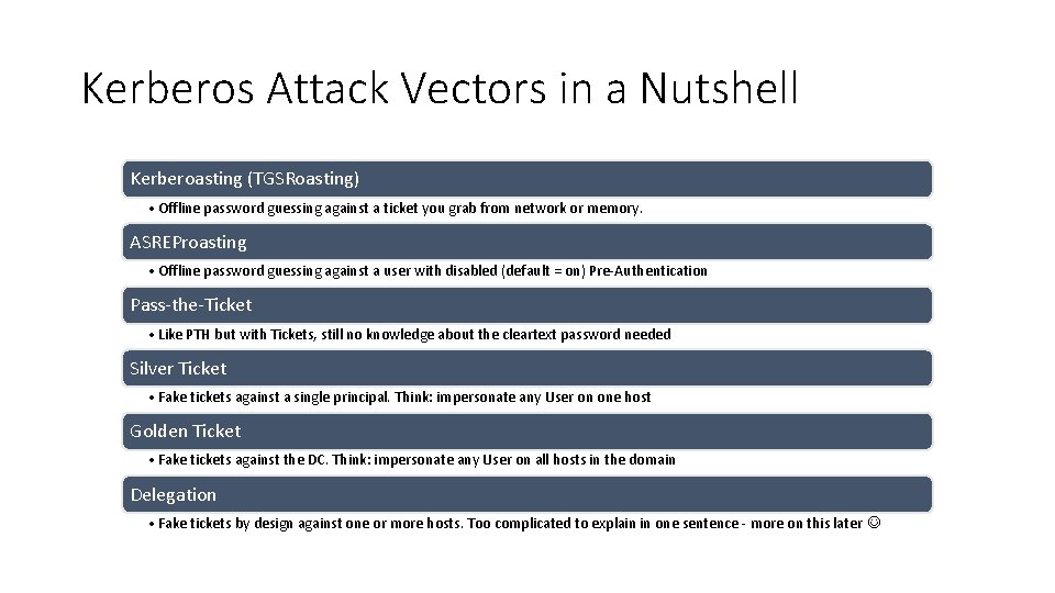 Kerberos Attack Vectors in a Nutshell Kerberoasting (TGSRoasting) • Offline password guessing against a Kerberos Attack Vectors in a Nutshell Kerberoasting (TGSRoasting) • Offline password guessing against a