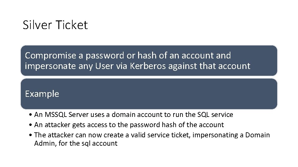 Silver Ticket Compromise a password or hash of an account and impersonate any User Silver Ticket Compromise a password or hash of an account and impersonate any User