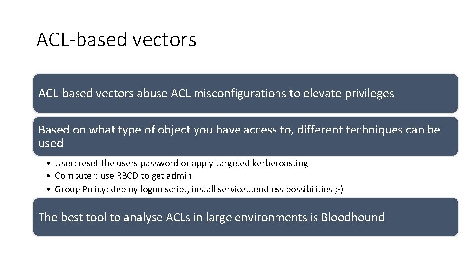 ACL-based vectors abuse ACL misconfigurations to elevate privileges Based on what type of object ACL-based vectors abuse ACL misconfigurations to elevate privileges Based on what type of object