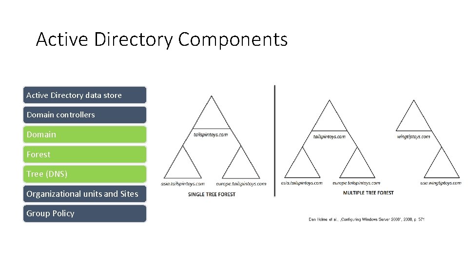 Active Directory Components Active Directory data store Domain controllers Domain Forest Tree (DNS) Organizational Active Directory Components Active Directory data store Domain controllers Domain Forest Tree (DNS) Organizational