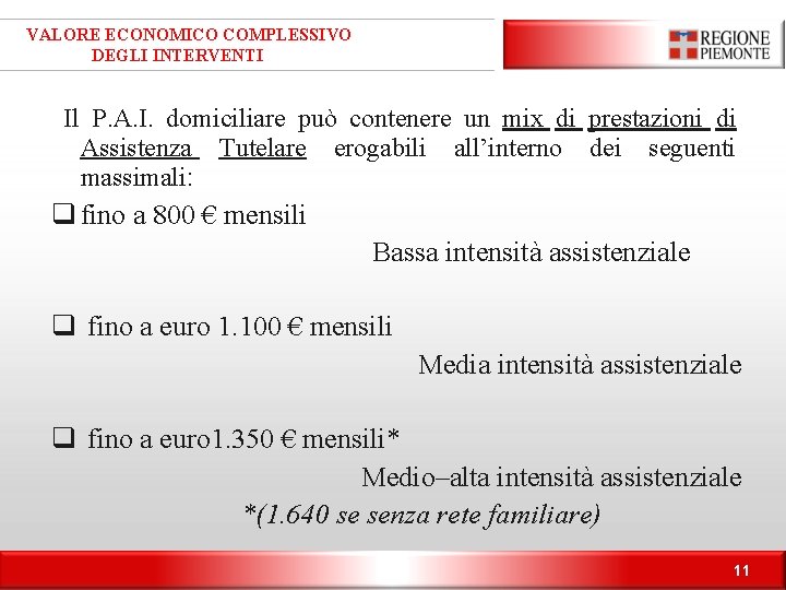 VALORE ECONOMICO COMPLESSIVO DEGLI INTERVENTI Il P. A. I. domiciliare può contenere un mix