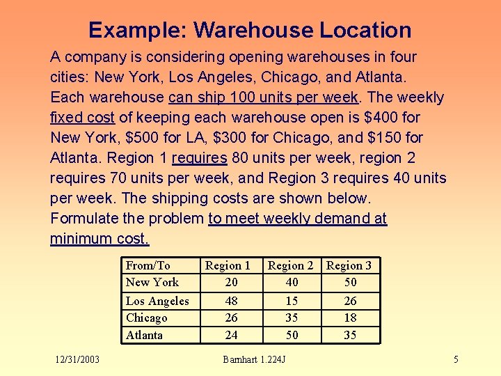 Example: Warehouse Location A company is considering opening warehouses in four cities: New York,