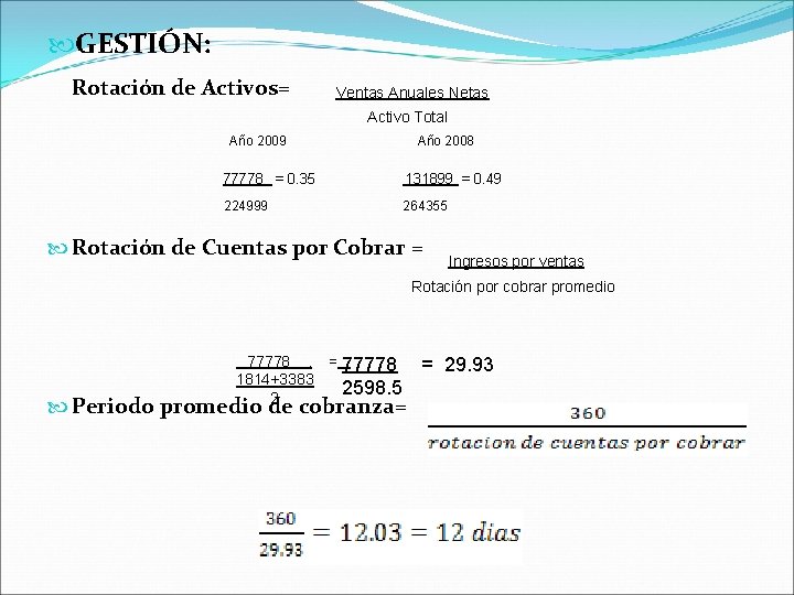  GESTIÓN: Rotación de Activos= Ventas Anuales Netas Activo Total Año 2009 Año 2008