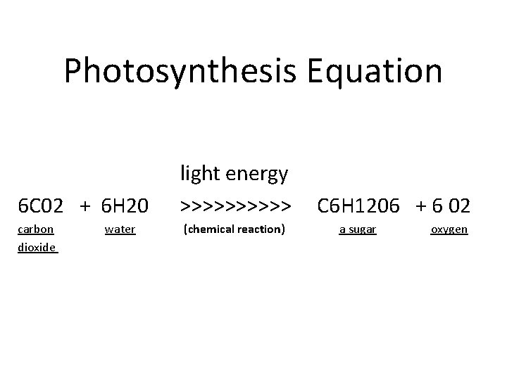 Photosynthesis Equation 6 C 02 + 6 H 20 carbon dioxide water light energy