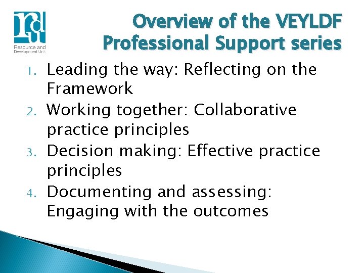 Overview of the VEYLDF Professional Support series 1. 2. 3. 4. Leading the way: