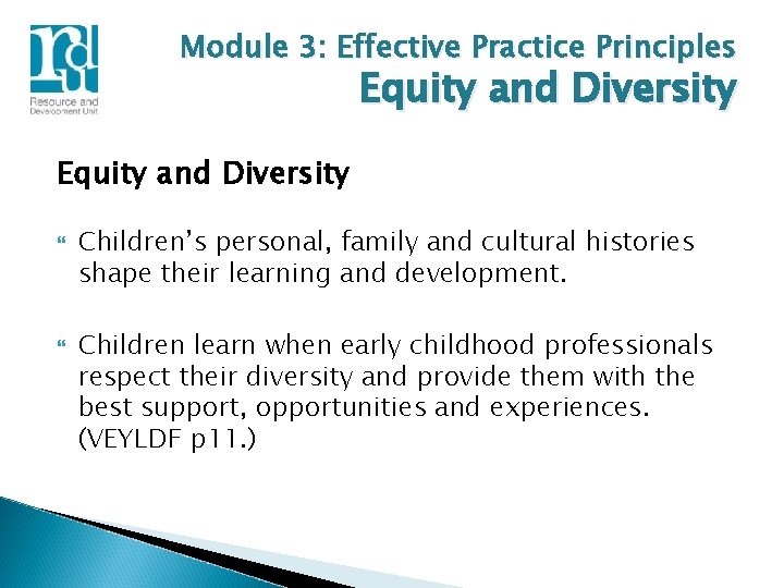 Module 3: Effective Practice Principles Equity and Diversity Children’s personal, family and cultural histories