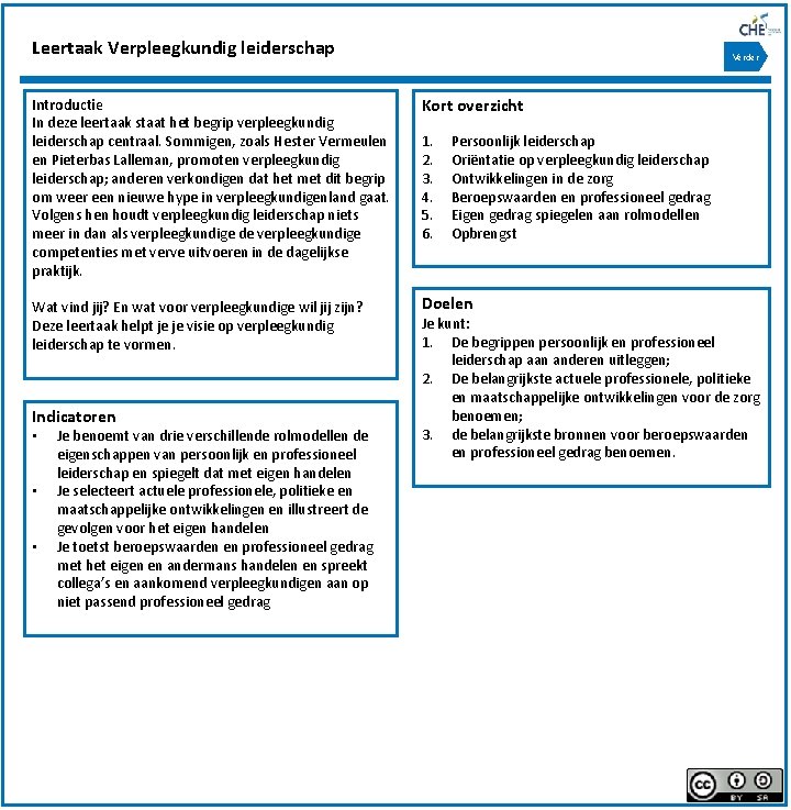 Leertaak Verpleegkundig leiderschap Verder Introductie In deze leertaak staat het begrip verpleegkundig leiderschap centraal.