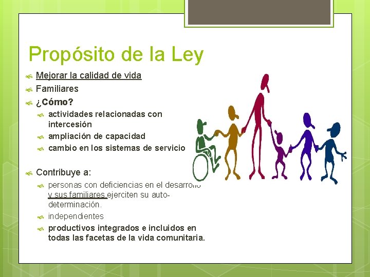 Propósito de la Ley Mejorar la calidad de vida Familiares ¿Cómo? actividades relacionadas con Propósito de la Ley Mejorar la calidad de vida Familiares ¿Cómo? actividades relacionadas con