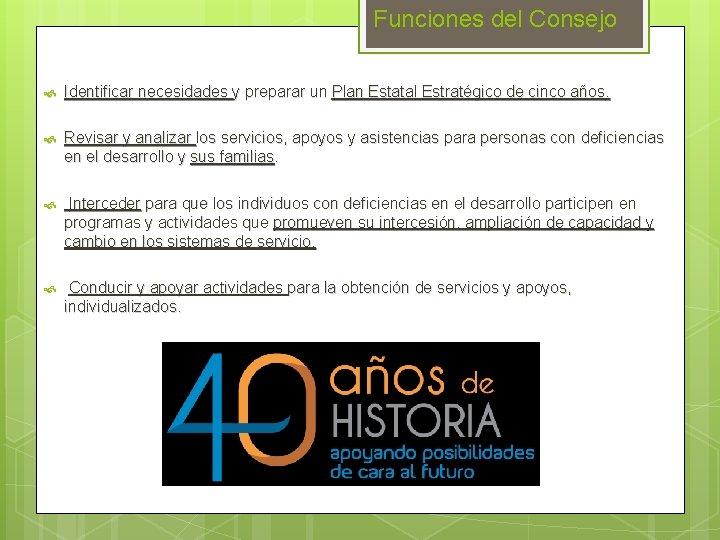 Funciones del Consejo Identificar necesidades y preparar un Plan Estatal Estratégico de cinco años. Funciones del Consejo Identificar necesidades y preparar un Plan Estatal Estratégico de cinco años.