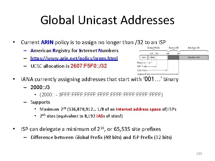 Global Unicast Addresses • Current ARIN policy is to assign no longer than /32