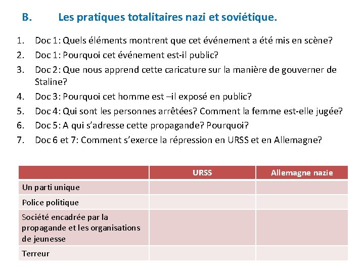 B. Les pratiques totalitaires nazi et soviétique. 1. Doc 1: Quels éléments montrent que