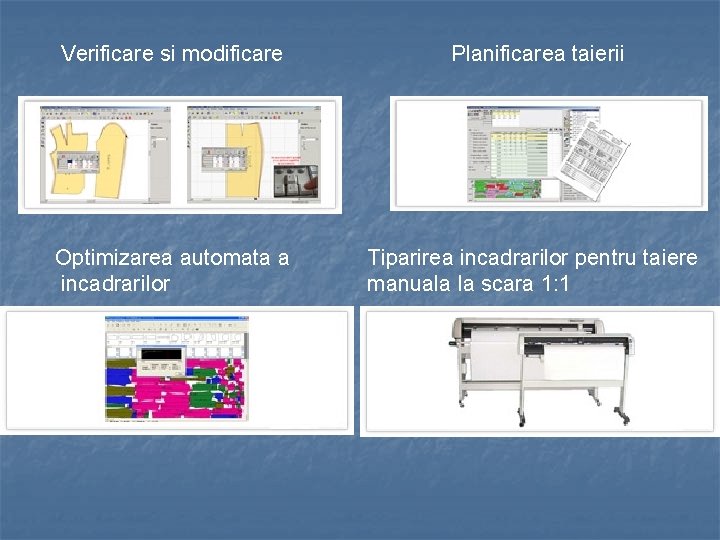 Verificare si modificare Planificarea taierii Optimizarea automata a incadrarilor Tiparirea incadrarilor pentru taiere manuala