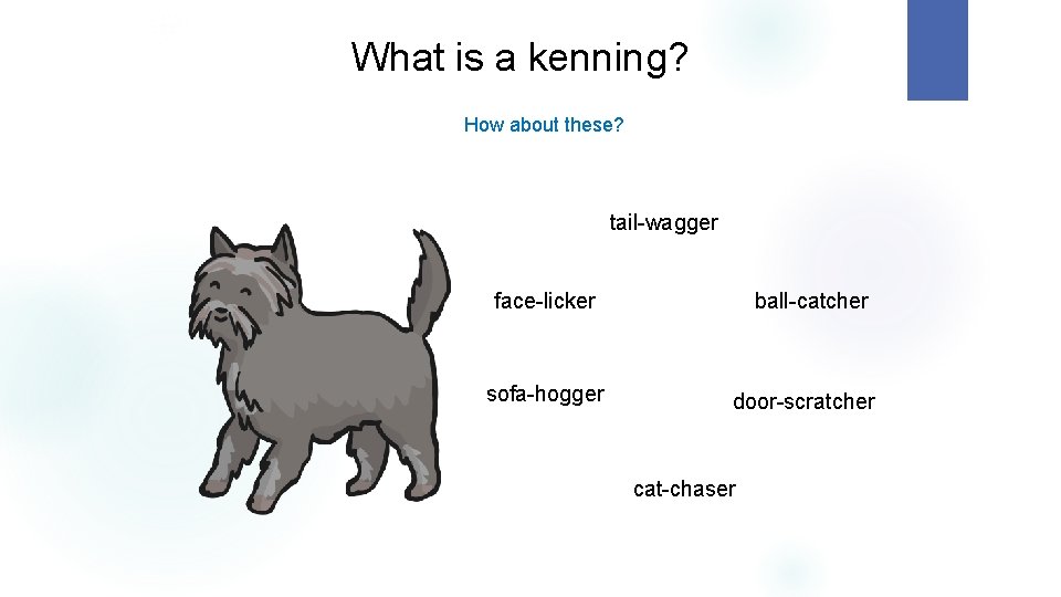What is a kenning? How about these? tail-wagger face-licker sofa-hogger ball-catcher door-scratcher cat-chaser 