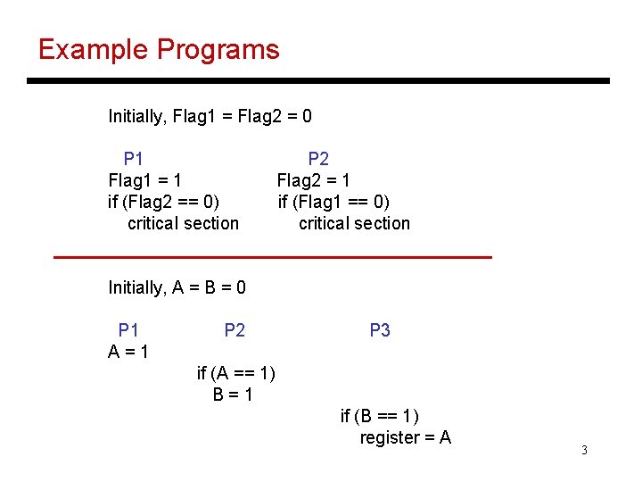Example Programs Initially, Flag 1 = Flag 2 = 0 P 1 Flag 1